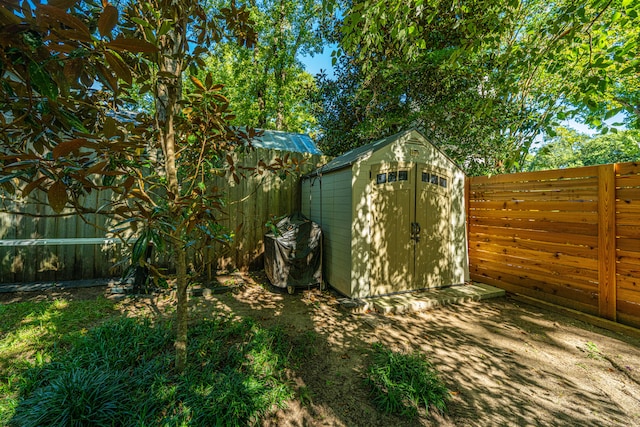 view of yard featuring a storage unit