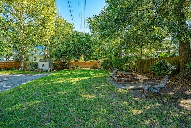 view of yard featuring a fire pit, a storage shed, and a patio