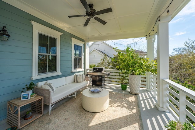 view of patio with grilling area, outdoor lounge area, and a ceiling fan