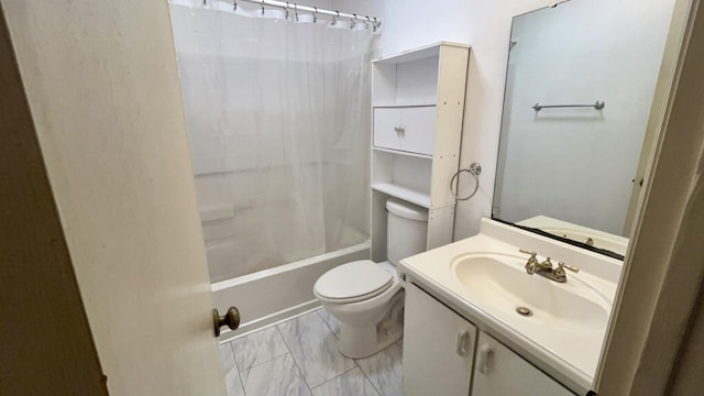 full bathroom featuring vanity, shower / bath combination with curtain, and toilet