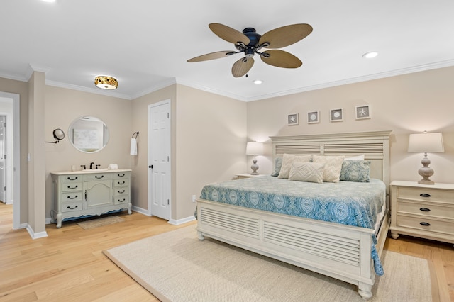 bedroom featuring recessed lighting, baseboards, ornamental molding, and light wood finished floors