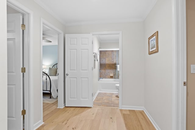 hallway with light wood finished floors, baseboards, and ornamental molding