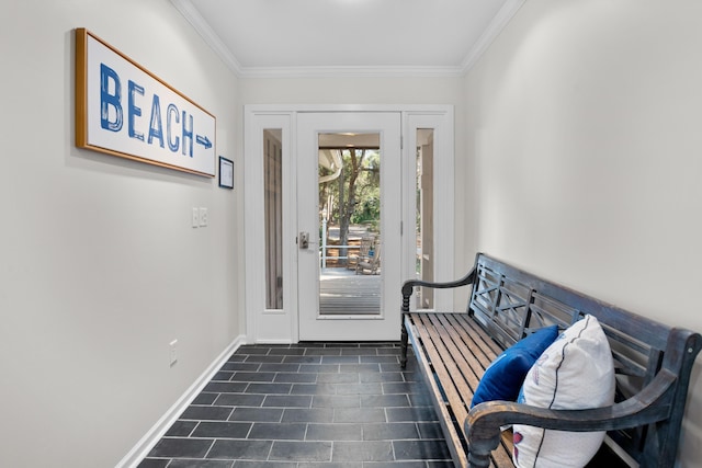 doorway with baseboards and ornamental molding