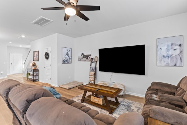 68 Red Bluff St, Summerville, SC 29483 - living area featuring stairs, a ceiling fan, baseboards, visible vents, and light wood-style floors