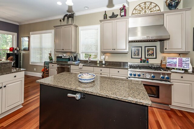 kitchen with a sink, wall chimney exhaust hood, appliances with stainless steel finishes, and wood finished floors