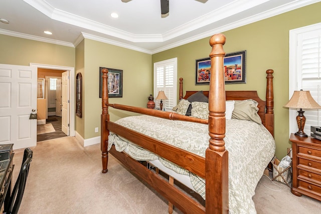 bedroom featuring crown molding, baseboards, ceiling fan, light colored carpet, and recessed lighting