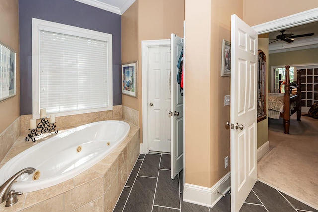 bathroom with crown molding, a ceiling fan, tile patterned floors, and a tub with jets
