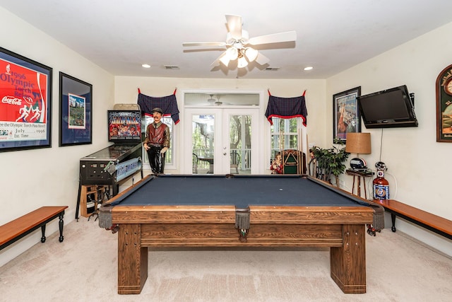 recreation room featuring carpet flooring, french doors, a ceiling fan, pool table, and visible vents