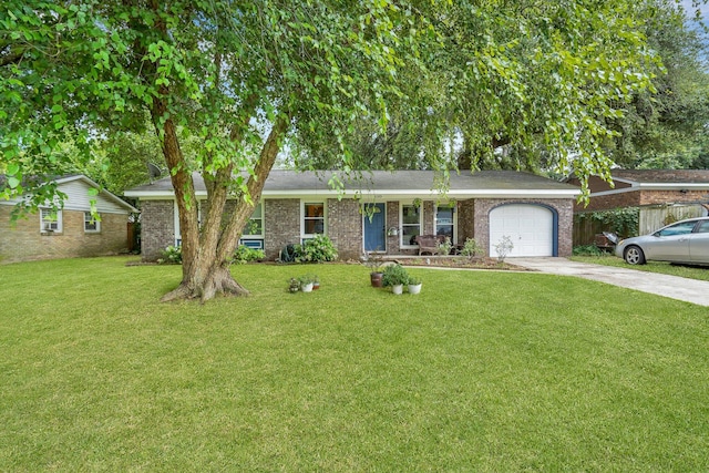 single story home featuring a front lawn and a garage