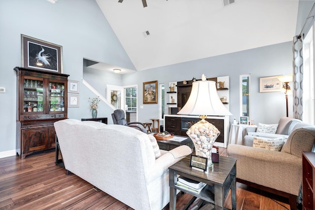 1064 Blackbear Dr, Edisto Island, SC 29438 - living area with dark wood-style flooring, high vaulted ceiling, and a ceiling fan