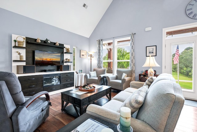 1064 Blackbear Dr, Edisto Island, SC 29438 - living area with dark wood finished floors and high vaulted ceiling