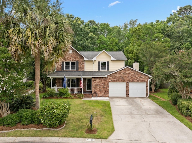 5488 Altamaha Dr, North Charleston, SC 29420 - traditional-style house with a porch, a front yard, concrete driveway, and a garage