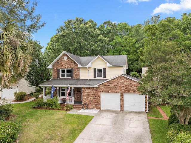 5488 Altamaha Dr, North Charleston, SC 29420 - traditional-style home with covered porch, brick siding, driveway, a front yard, and a garage