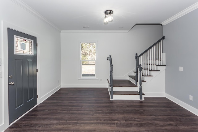 entryway featuring dark wood-type flooring, visible vents, baseboards, ornamental molding, and stairway