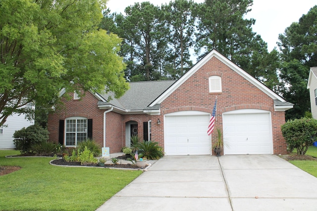 view of front of house featuring brick siding, a shingled roof, concrete driveway, an attached garage, and a front yard