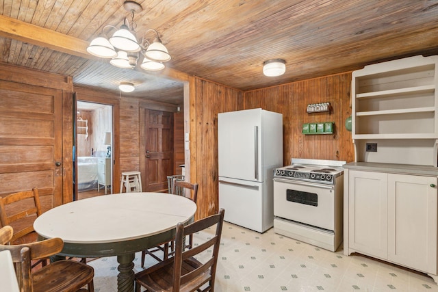 kitchen featuring wood walls, white cabinetry, wood ceiling, hanging light fixtures, and white appliances