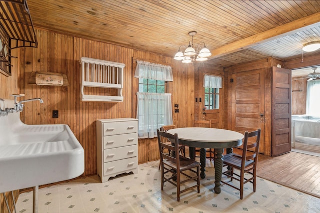 dining space featuring an inviting chandelier, wooden walls, sink, wood ceiling, and beam ceiling