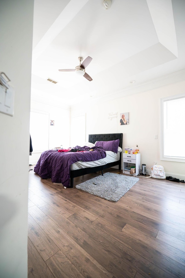 bedroom featuring a tray ceiling, dark wood-type flooring, and ceiling fan