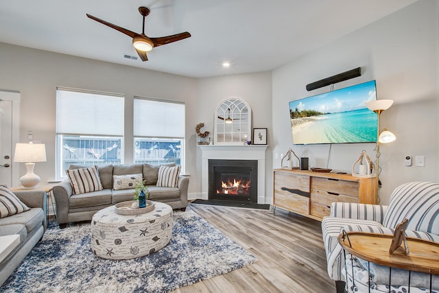1641 Adventure Xing, Mount Pleasant, SC 29466 - living room featuring a ceiling fan, wood finished floors, a glass covered fireplace, and recessed lighting