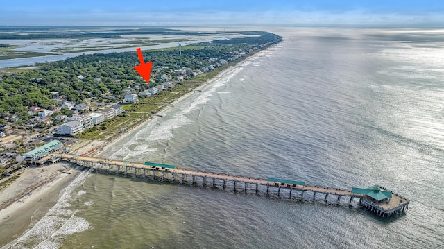 drone / aerial view with a view of the beach and a water view