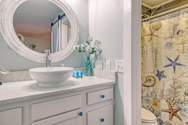 bathroom featuring toilet, curtained shower, and vanity