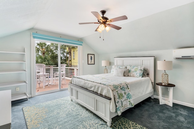 carpeted bedroom with lofted ceiling, access to exterior, baseboards, ceiling fan, and a wall mounted AC