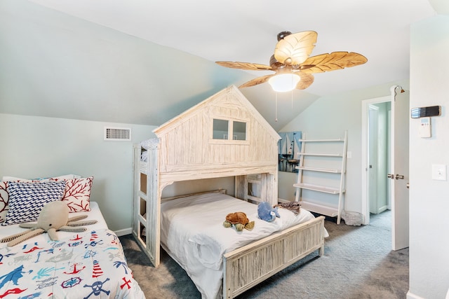 carpeted bedroom featuring visible vents, baseboards, ceiling fan, and lofted ceiling