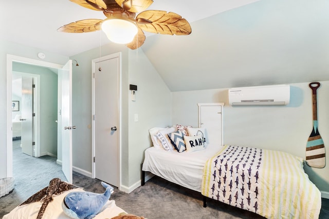 bedroom featuring ceiling fan, carpet floors, an AC wall unit, baseboards, and lofted ceiling