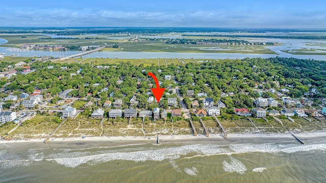 bird's eye view featuring a water view and a residential view
