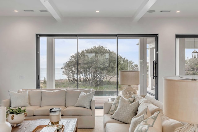 living room with beamed ceiling and a healthy amount of sunlight