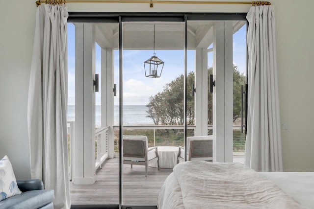 bedroom featuring a water view and wood-type flooring