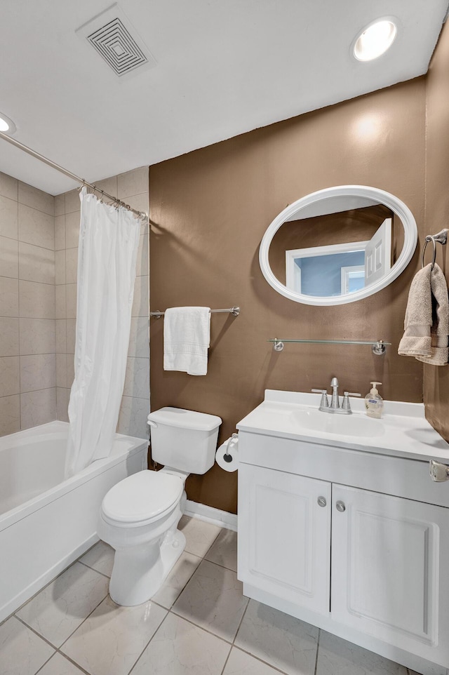 bathroom with visible vents, vanity, toilet, marble finish floor, and shower / bathtub combination with curtain