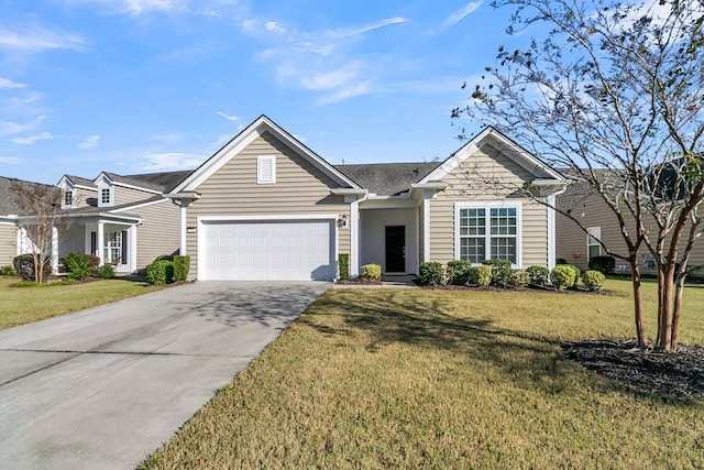 single story home featuring a garage and a front lawn