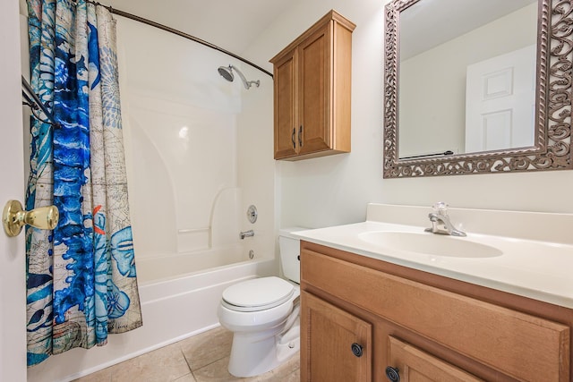 full bath featuring tile patterned floors, toilet, vanity, and shower / bathtub combination with curtain