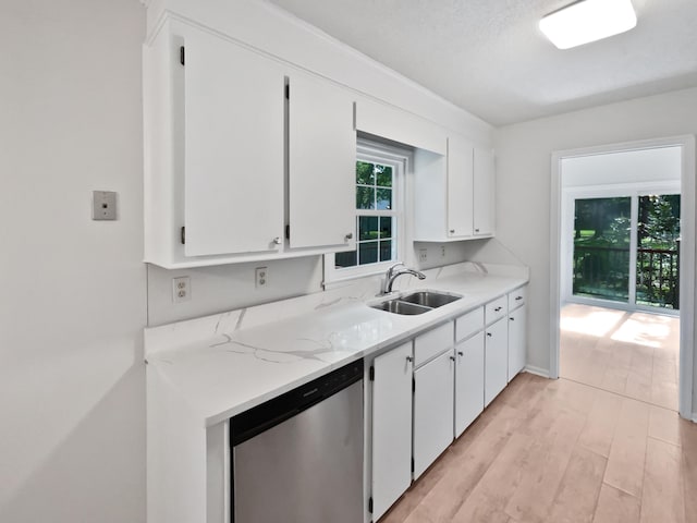 109 Evance Ct, Summerville, SC 29485 - kitchen featuring stainless steel dishwasher, white cabinetry, light wood-style floors, and light stone countertops