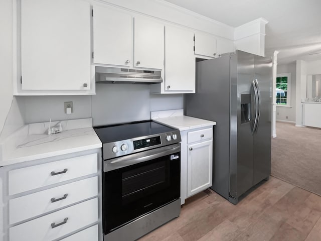 109 Evance Ct, Summerville, SC 29485 - kitchen with appliances with stainless steel finishes, under cabinet range hood, white cabinets, and light carpet