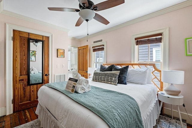 162 Spring St, Charleston, SC 29403 - bedroom featuring hardwood / wood-style flooring, baseboards, ornamental molding, and ceiling fan