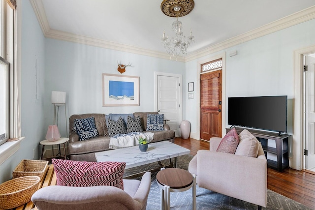162 Spring St, Charleston, SC 29403 - living area featuring a chandelier, wood finished floors, plenty of natural light, ornamental molding, and baseboards