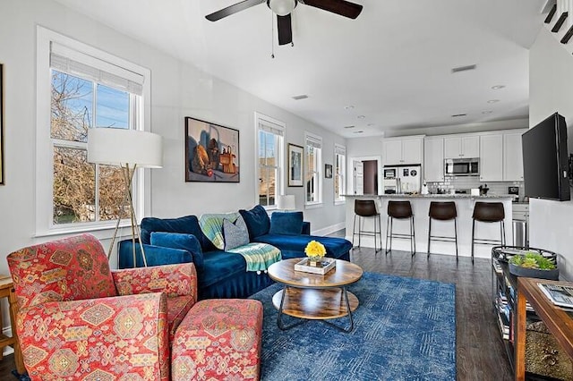 162 Spring St, Charleston, SC 29403 - living area with ceiling fan, dark wood-type flooring, recessed lighting, and baseboards