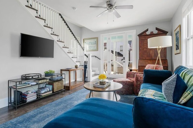 162 Spring St, Charleston, SC 29403 - living room with stairway, wood finished floors, ceiling fan, and baseboards
