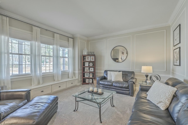 living room featuring crown molding and light carpet