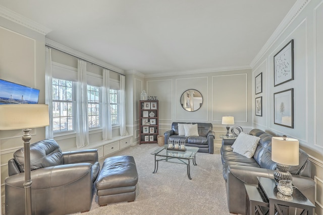 living room with ornamental molding and light carpet