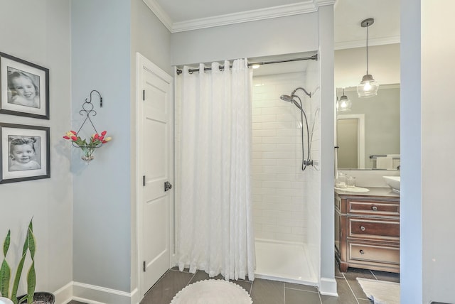 bathroom with ornamental molding, curtained shower, and vanity