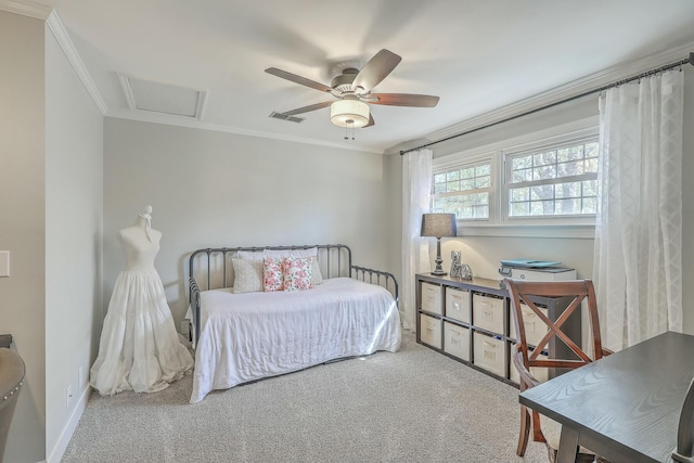 carpeted bedroom with ornamental molding and ceiling fan