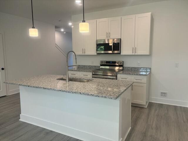 kitchen with a sink, dark wood-style floors, white cabinetry, and stainless steel appliances