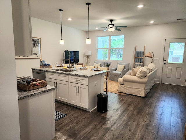 kitchen with dark wood finished floors, white cabinets, a wealth of natural light, and a sink