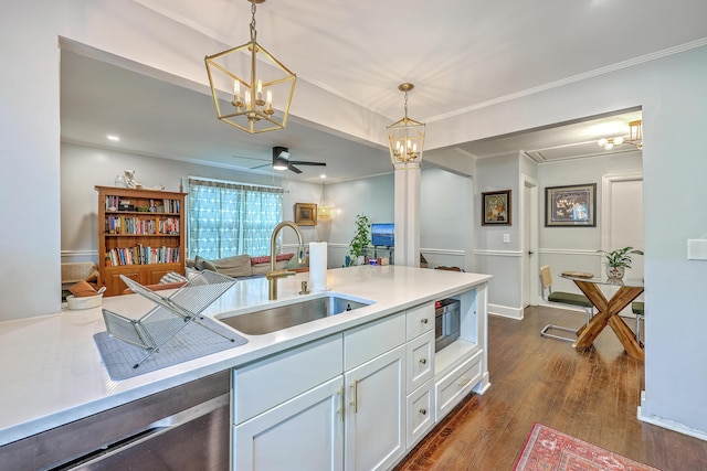 1188 Camden St, North Charleston, SC 29405 - kitchen featuring ceiling fan with notable chandelier, a sink, stainless steel appliances, open floor plan, and dark wood-style floors