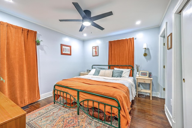 1188 Camden St, North Charleston, SC 29405 - bedroom featuring baseboards, a ceiling fan, dark wood-style floors, crown molding, and recessed lighting