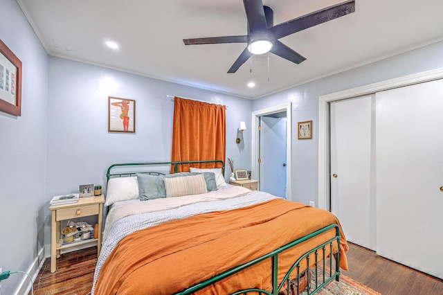 1188 Camden St, North Charleston, SC 29405 - bedroom featuring a ceiling fan, wood finished floors, a closet, and ornamental molding