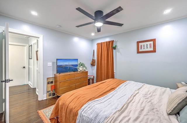 1188 Camden St, North Charleston, SC 29405 - bedroom featuring baseboards, ornamental molding, recessed lighting, ceiling fan, and wood finished floors